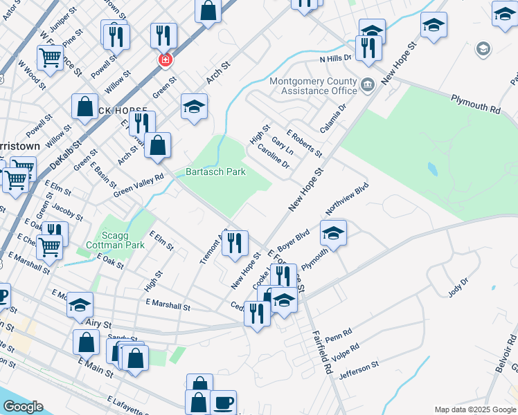 map of restaurants, bars, coffee shops, grocery stores, and more near 715 Carmen Drive in Norristown