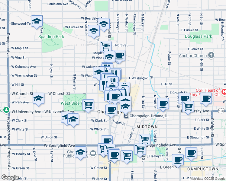 map of restaurants, bars, coffee shops, grocery stores, and more near 302 North Neil Street in Champaign