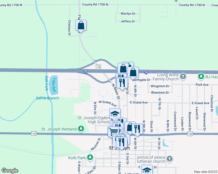 map of restaurants, bars, coffee shops, grocery stores, and more near 710 East Woodland Drive in Saint Joseph