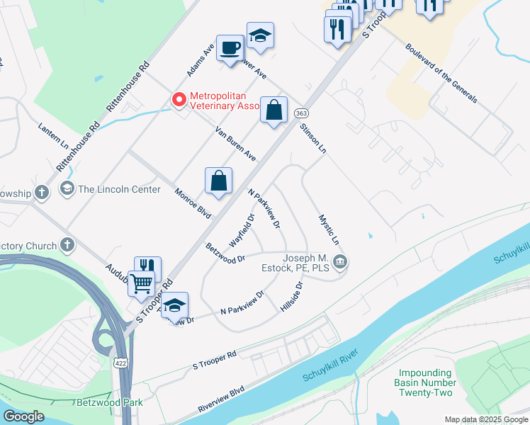 map of restaurants, bars, coffee shops, grocery stores, and more near 2540 North Parkview Drive in Norristown
