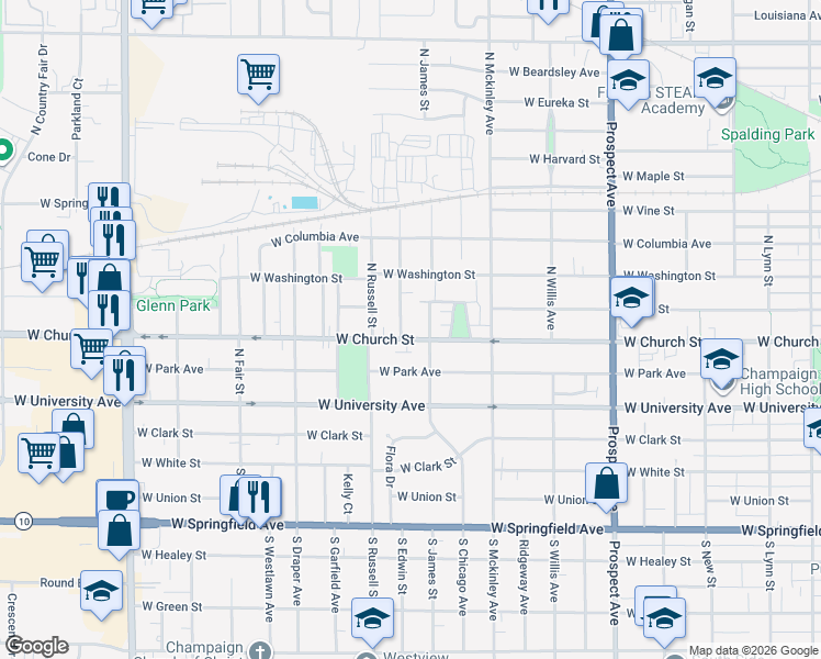 map of restaurants, bars, coffee shops, grocery stores, and more near 308 North Edwin Street in Champaign