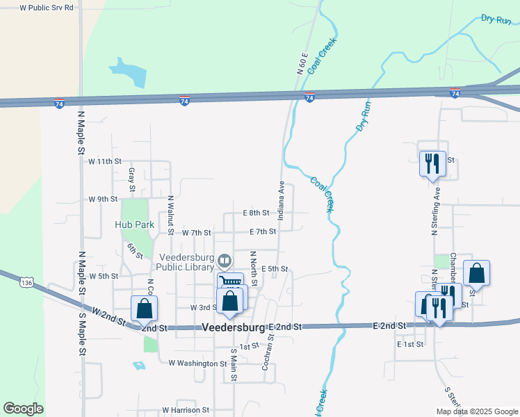 map of restaurants, bars, coffee shops, grocery stores, and more near 899 N North St in Veedersburg