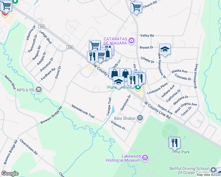 map of restaurants, bars, coffee shops, grocery stores, and more near 75 Pawnee Road in Lakewood