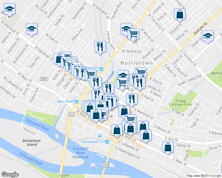 map of restaurants, bars, coffee shops, grocery stores, and more near 705 Cherry Street in Norristown