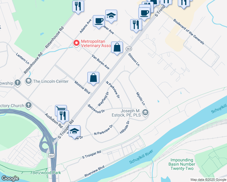 map of restaurants, bars, coffee shops, grocery stores, and more near 2540 North Parkview Drive in Norristown