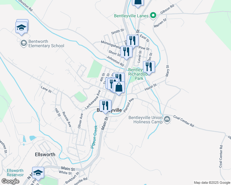 map of restaurants, bars, coffee shops, grocery stores, and more near 808 Main Street in Bentleyville