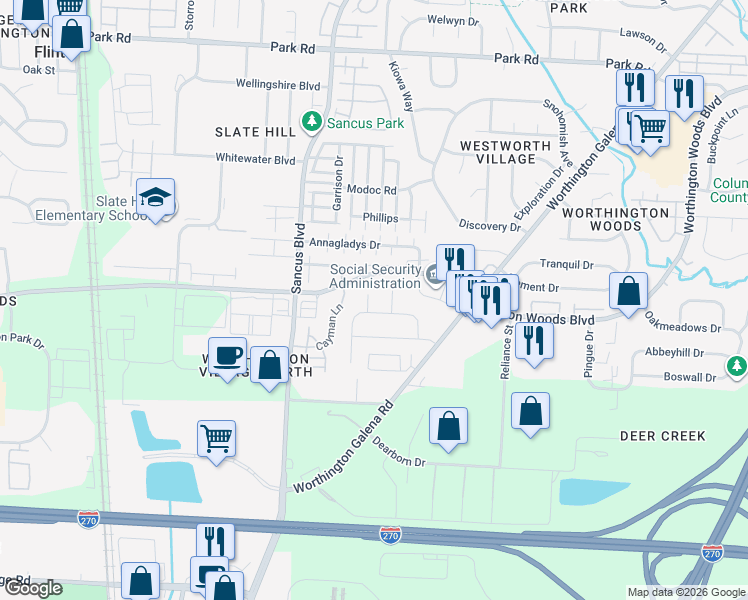 map of restaurants, bars, coffee shops, grocery stores, and more near 7584 Lilyhill Court in Worthington