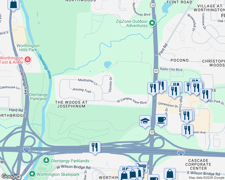 map of restaurants, bars, coffee shops, grocery stores, and more near 7686 Cloister Drive in Columbus