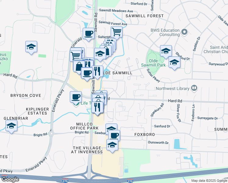 map of restaurants, bars, coffee shops, grocery stores, and more near 2672 Collinford Drive in Dublin