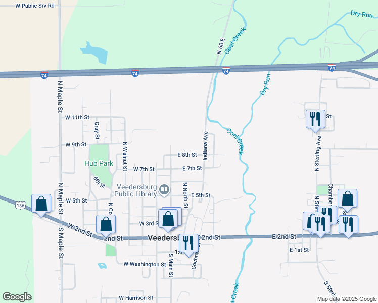 map of restaurants, bars, coffee shops, grocery stores, and more near 899 N North St in Veedersburg