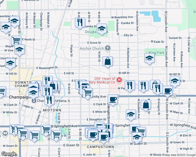 map of restaurants, bars, coffee shops, grocery stores, and more near 305 North Wright Street in Champaign
