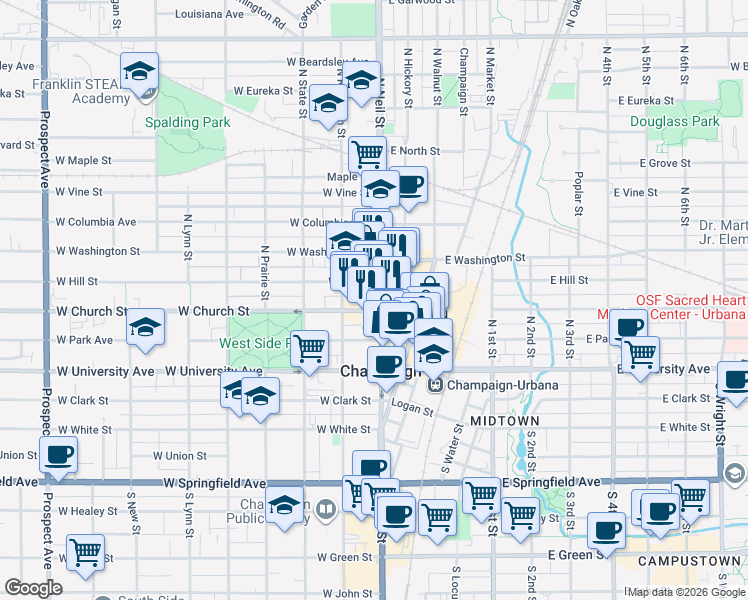 map of restaurants, bars, coffee shops, grocery stores, and more near 302 North Neil Street in Champaign