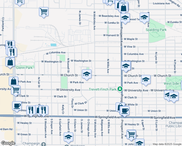 map of restaurants, bars, coffee shops, grocery stores, and more near 307 North Mckinley Avenue in Champaign