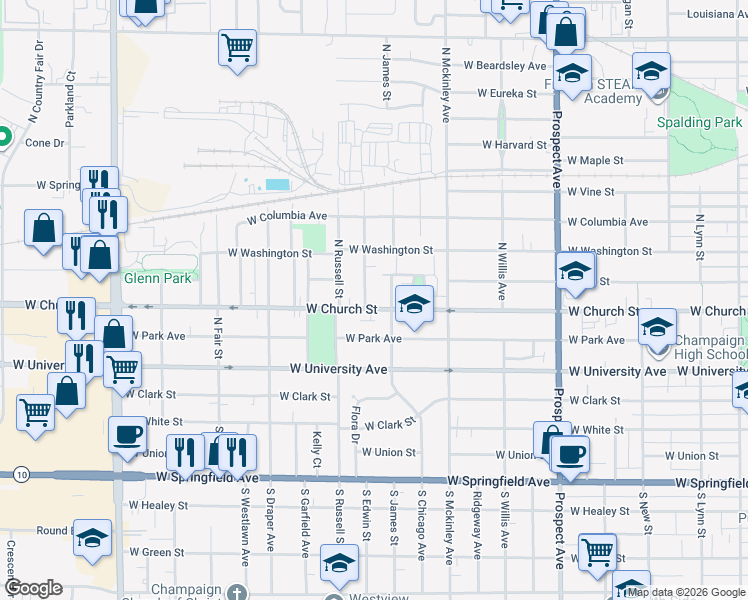 map of restaurants, bars, coffee shops, grocery stores, and more near 308 North Edwin Street in Champaign