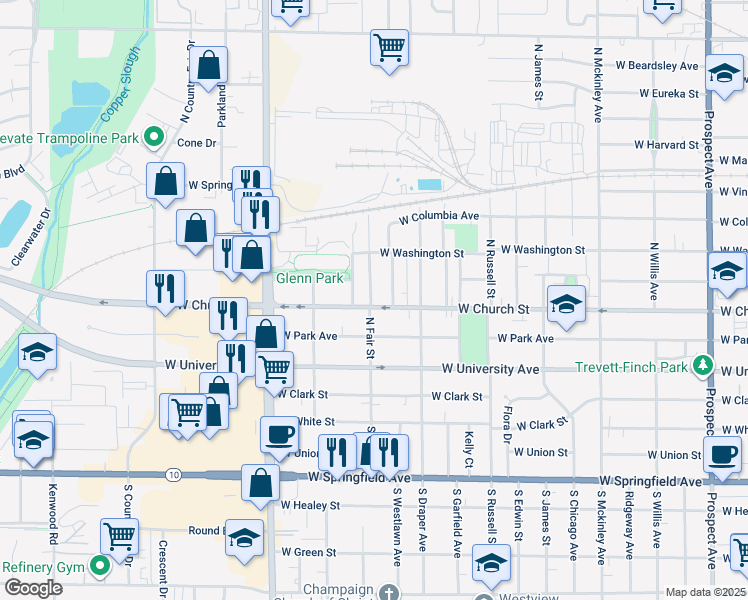 map of restaurants, bars, coffee shops, grocery stores, and more near 307 North Carson Avenue in Champaign