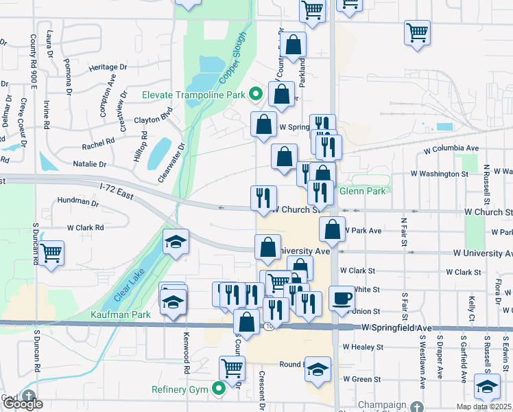 map of restaurants, bars, coffee shops, grocery stores, and more near 2002 Glenn Park Drive in Champaign