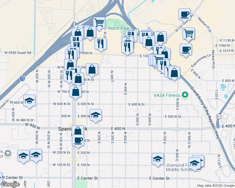 map of restaurants, bars, coffee shops, grocery stores, and more near 330 East 700 North in Spanish Fork