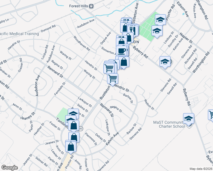 map of restaurants, bars, coffee shops, grocery stores, and more near 11726 Bustleton Avenue in Philadelphia