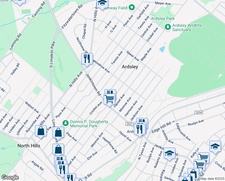 map of restaurants, bars, coffee shops, grocery stores, and more near 653 Cricket Avenue in Glenside