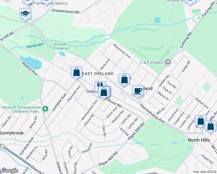 map of restaurants, bars, coffee shops, grocery stores, and more near 24 Park Avenue in Oreland