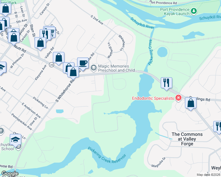 map of restaurants, bars, coffee shops, grocery stores, and more near 20 Dorchester Way in Phoenixville