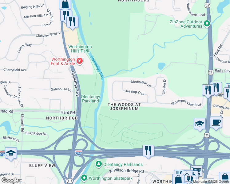 map of restaurants, bars, coffee shops, grocery stores, and more near 7720 Seminary Ridge Drive in Columbus