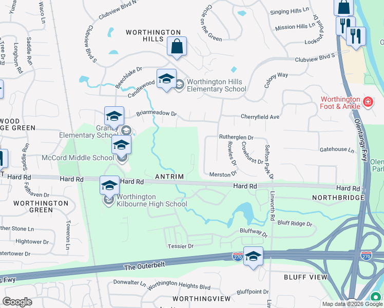 map of restaurants, bars, coffee shops, grocery stores, and more near 1250 Hard Road in Columbus