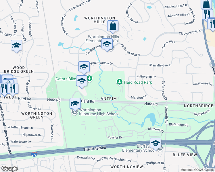 map of restaurants, bars, coffee shops, grocery stores, and more near 1190 Hard Road in Columbus
