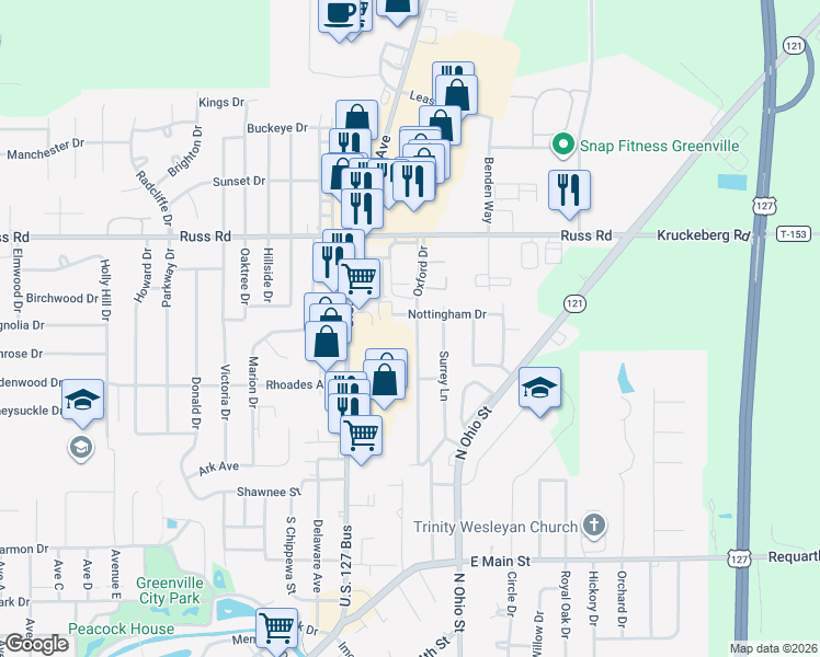 map of restaurants, bars, coffee shops, grocery stores, and more near 227 Oxford Drive in Greenville