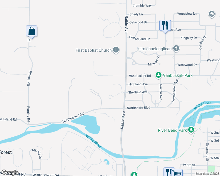 map of restaurants, bars, coffee shops, grocery stores, and more near 2523 Winterwood Court in Anderson