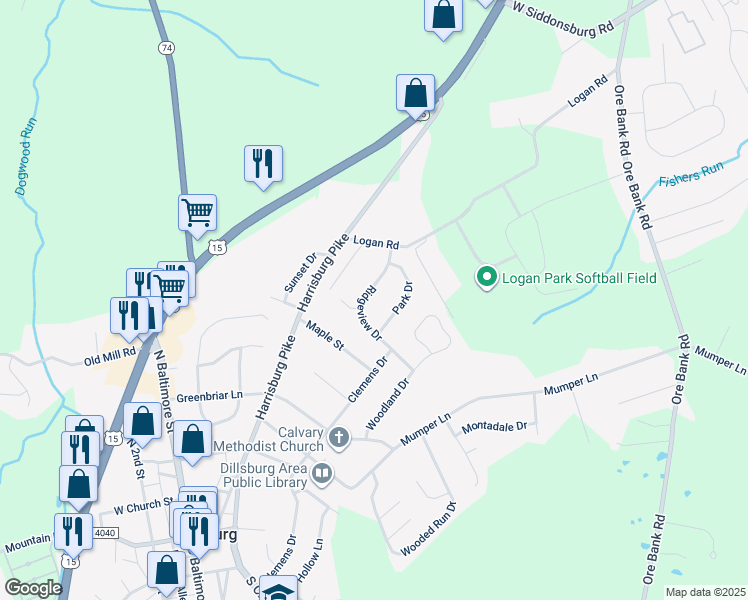 map of restaurants, bars, coffee shops, grocery stores, and more near 514 Ridgeview Drive in Dillsburg