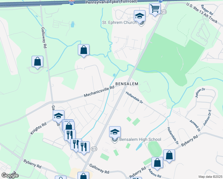map of restaurants, bars, coffee shops, grocery stores, and more near 4598 White Oak Lane in Bucks County