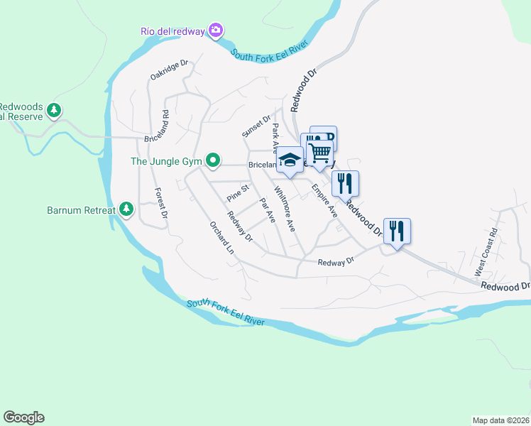 map of restaurants, bars, coffee shops, grocery stores, and more near 372 Par Avenue in Redway