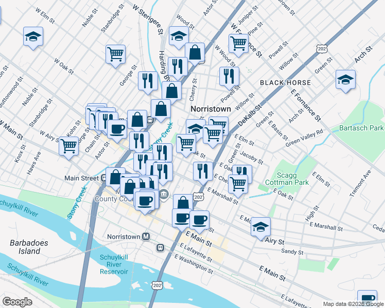 map of restaurants, bars, coffee shops, grocery stores, and more near 763 Church Street in Norristown