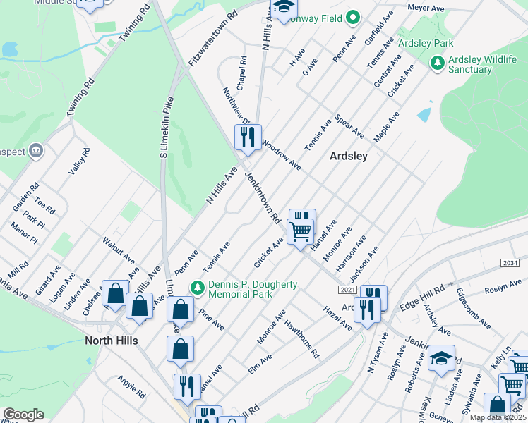 map of restaurants, bars, coffee shops, grocery stores, and more near 2916 Jenkintown Road in Glenside