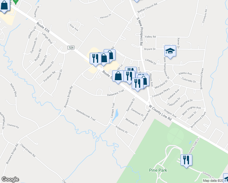 map of restaurants, bars, coffee shops, grocery stores, and more near 162 Delaware Trail in Lakewood Township