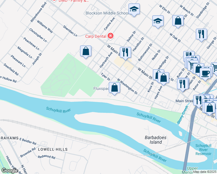 map of restaurants, bars, coffee shops, grocery stores, and more near 10 Hamilton Street in Norristown