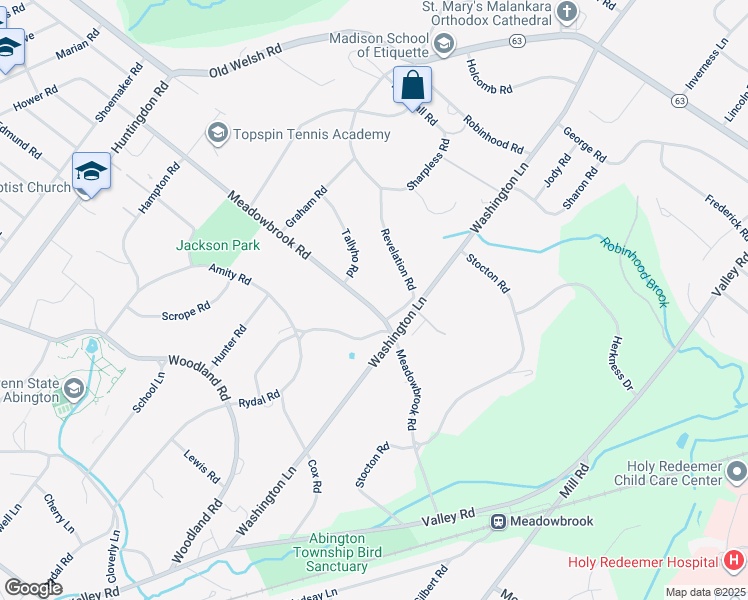 map of restaurants, bars, coffee shops, grocery stores, and more near 1335 Meadowbrook Road in Jenkintown