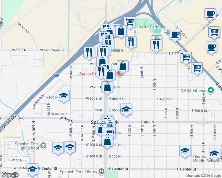 map of restaurants, bars, coffee shops, grocery stores, and more near 40 East 700 North in Spanish Fork