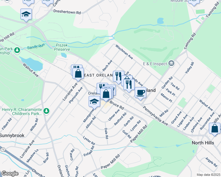 map of restaurants, bars, coffee shops, grocery stores, and more near 16 Park Avenue in Oreland
