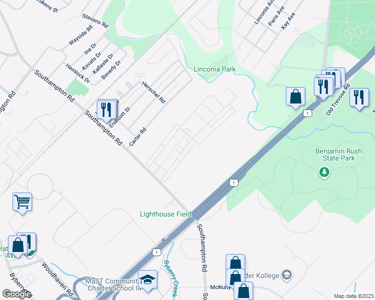 map of restaurants, bars, coffee shops, grocery stores, and more near 15059 Sunflower Drive in Philadelphia
