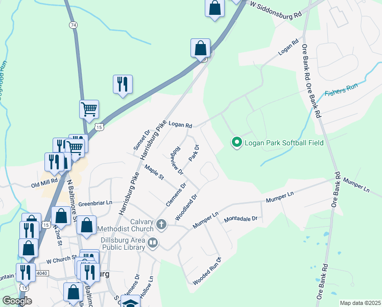 map of restaurants, bars, coffee shops, grocery stores, and more near 17 Park Drive in Dillsburg