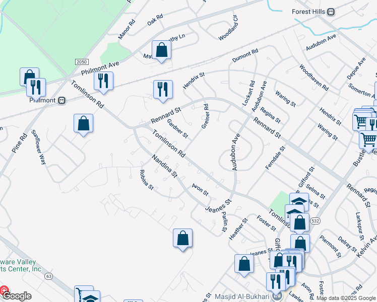 map of restaurants, bars, coffee shops, grocery stores, and more near 11007 Greiner Road in Philadelphia