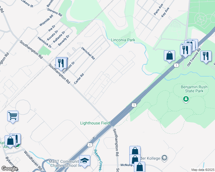 map of restaurants, bars, coffee shops, grocery stores, and more near 15059 Sunflower Drive in Philadelphia