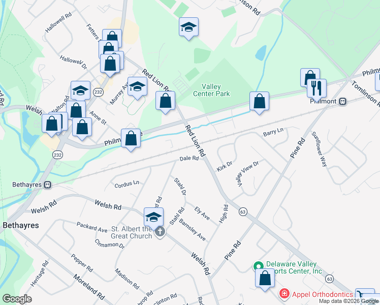 map of restaurants, bars, coffee shops, grocery stores, and more near 360 Red Lion Road in Montgomery County