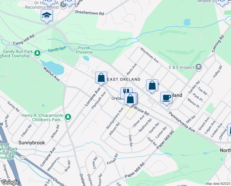 map of restaurants, bars, coffee shops, grocery stores, and more near 1503 Bruce Road in Oreland
