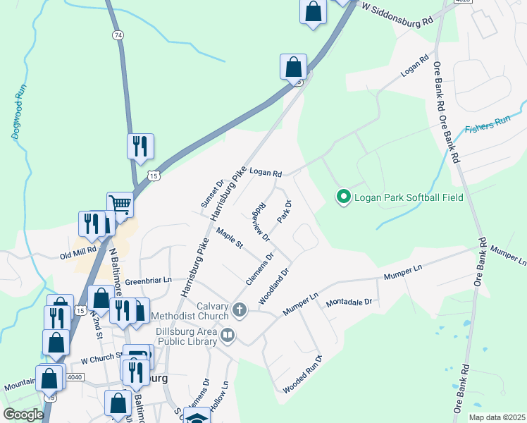map of restaurants, bars, coffee shops, grocery stores, and more near 514 Ridgeview Drive in Dillsburg