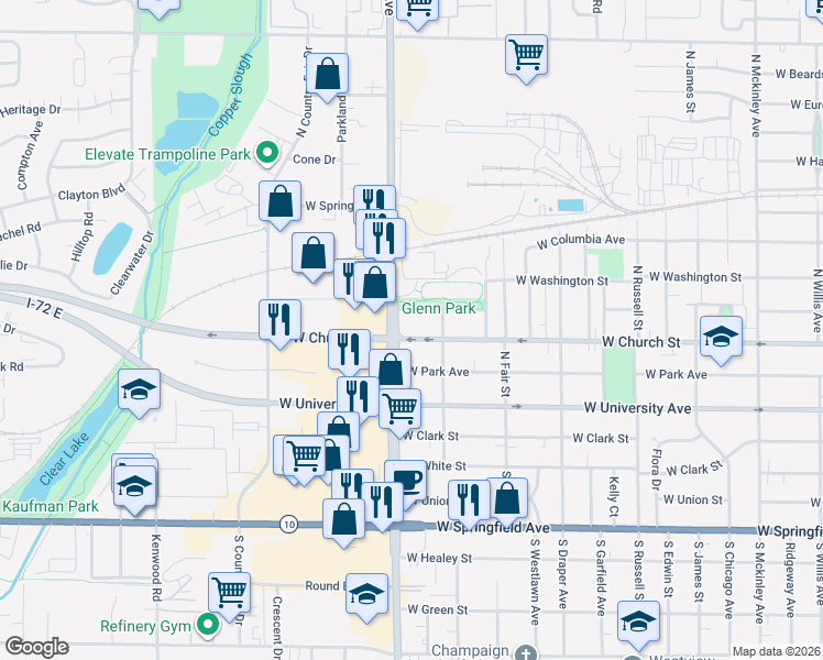 map of restaurants, bars, coffee shops, grocery stores, and more near 1713 Glenn Park Drive in Champaign