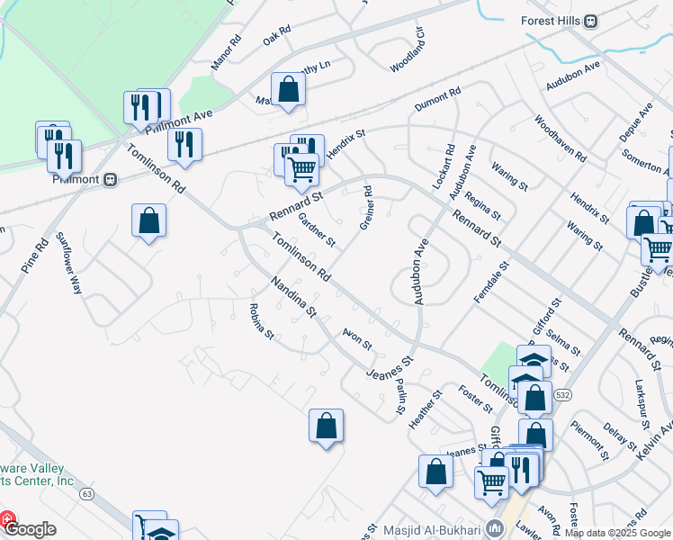 map of restaurants, bars, coffee shops, grocery stores, and more near 11007 Greiner Road in Philadelphia
