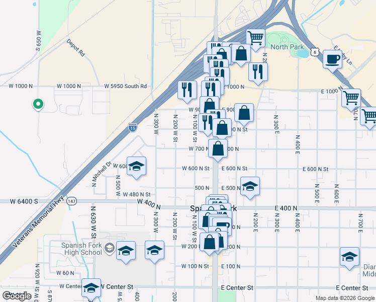 map of restaurants, bars, coffee shops, grocery stores, and more near 140 West 700 North in Spanish Fork